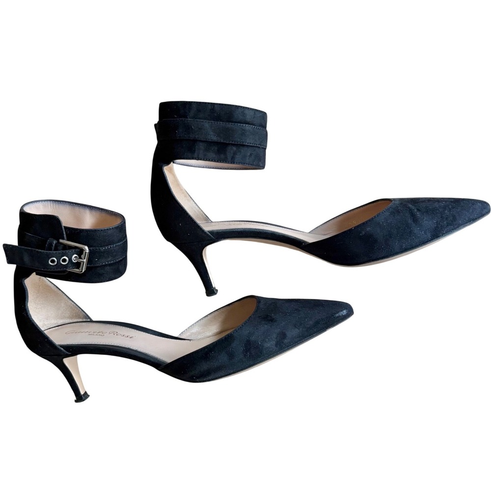 $795 Gianvito Rossi Black Suede Ankle Strap Kitten Heel Pumps Size IT36.5; US6.5